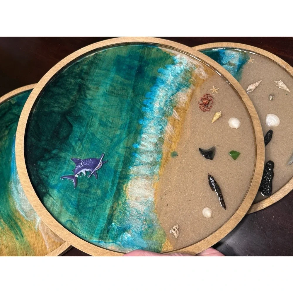 Handmade Resin Beach Tray Ocean Vibes ‎ Epoxy Art   Decor Lot Of 3